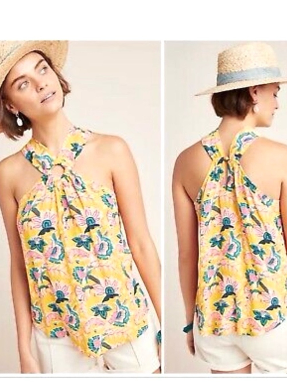 Anthropologie Maeve Yellow Floral Halter Top Keyhole Sleeveless Size 6